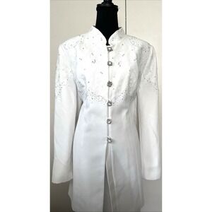 Elegant White 2-Piece Formal Skirt Suit | Lace Bodice Rhinestone Jacket | Women